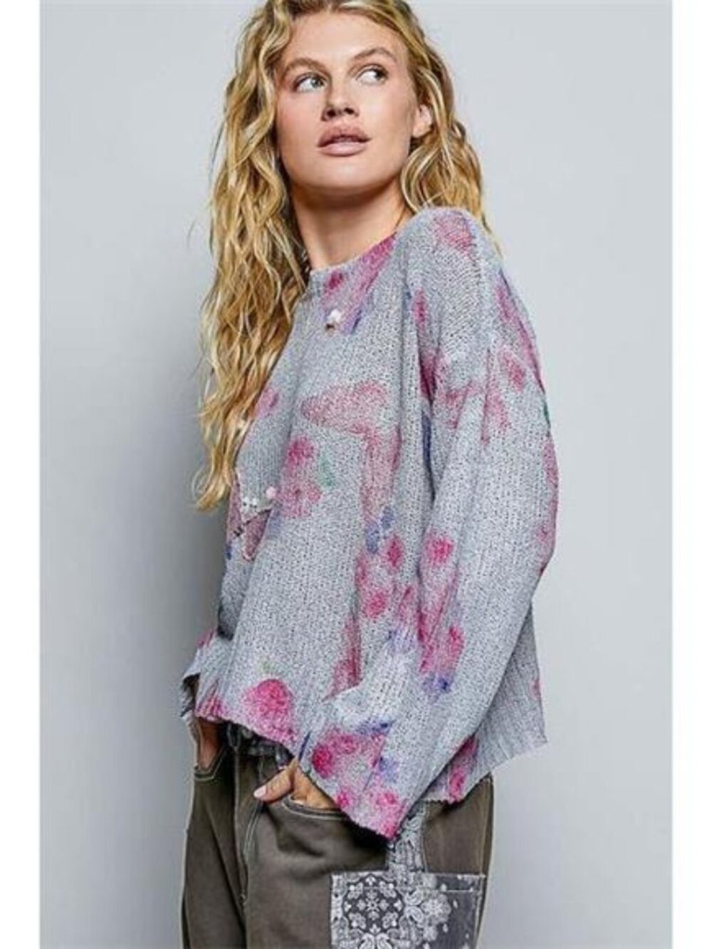 POL Ribbed Butterfly Print Round Neck Knit Top - Picture 3 of 5